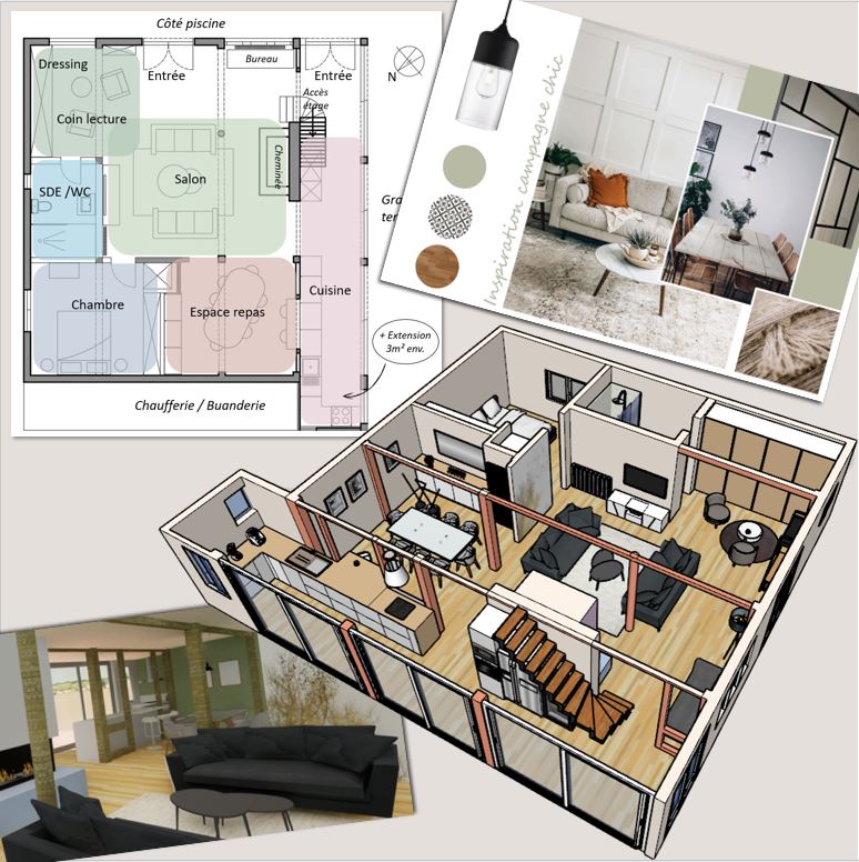mise en scène du contenu d'un book architecture d'intérieur : plans, zoning, planche d'inspiration, 3D, photo 3D réaliste