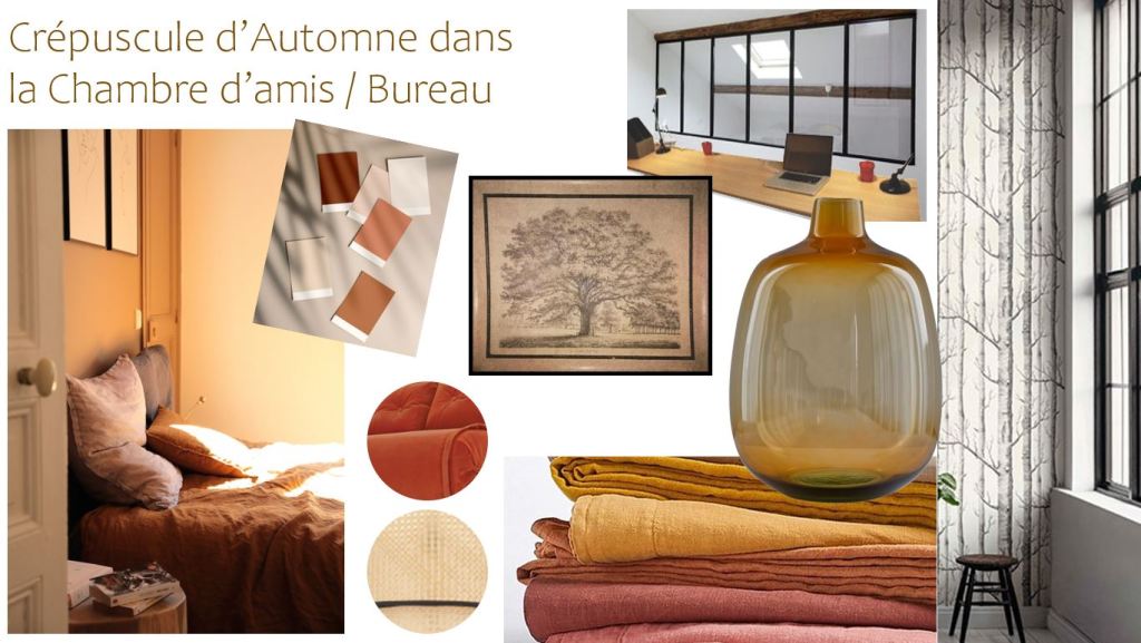 Planche d'ambiance bureau chambre d'amis bohème vintage du projet 4 saisons