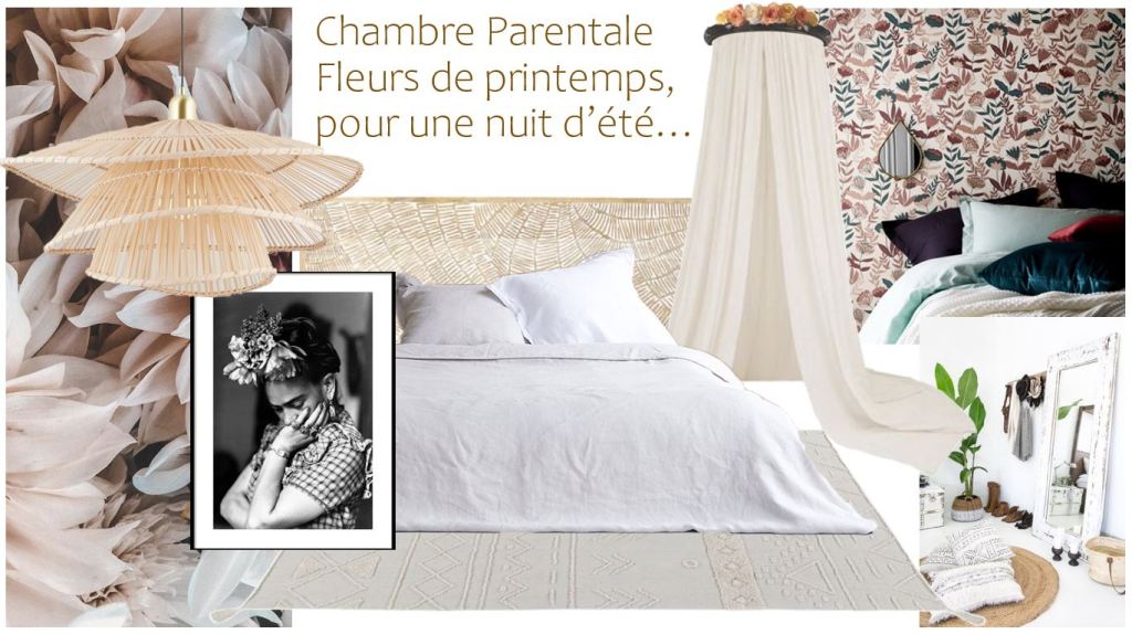 Planche d'ambiance chambre parentale bohème vintage du projet 4 saisons