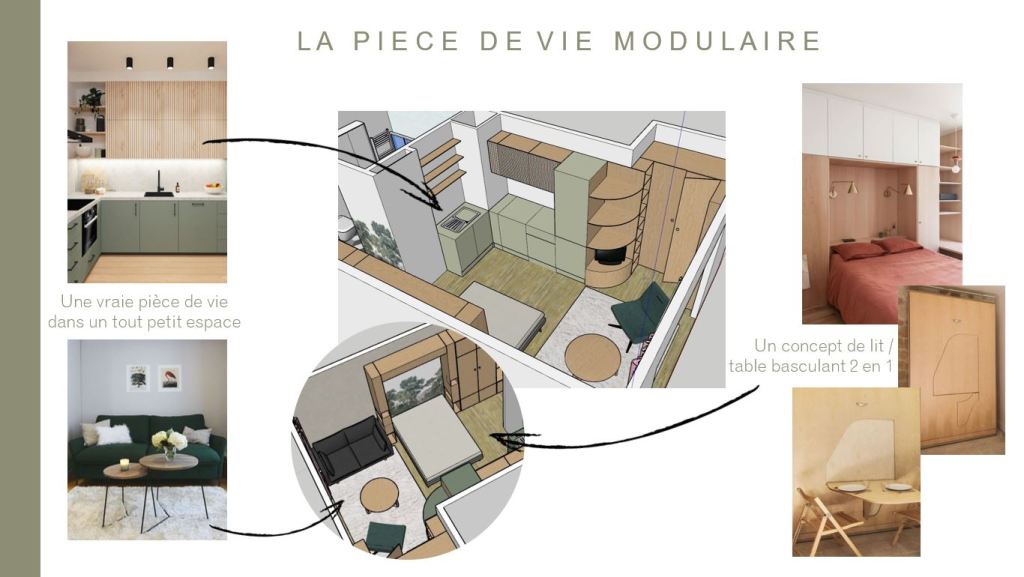 3D avec annotation et ambiance de la pièce de vie modulaire du studio en VEFA du projet Céline