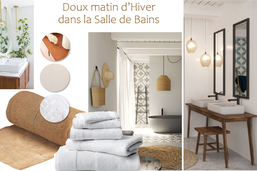Planche d'ambiance salle de bain bohème vintage du projet 4 saisons