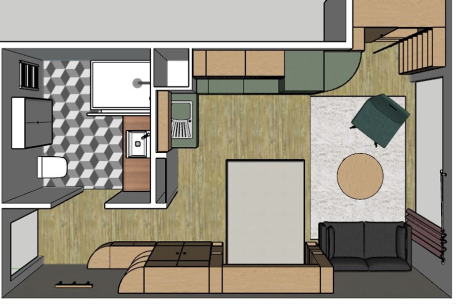 Plans d'aménagement en 3D sketchup vus de dessus d'un studio en VEFA projet Céline