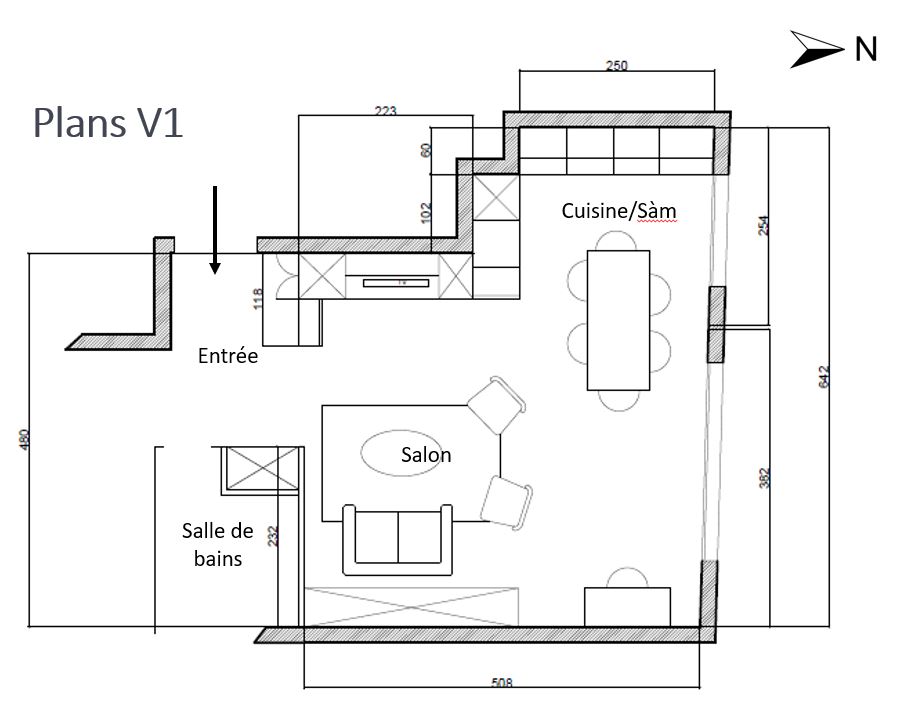 Plans d'aménagement version 1 du séjour en L du projet Vincennes
