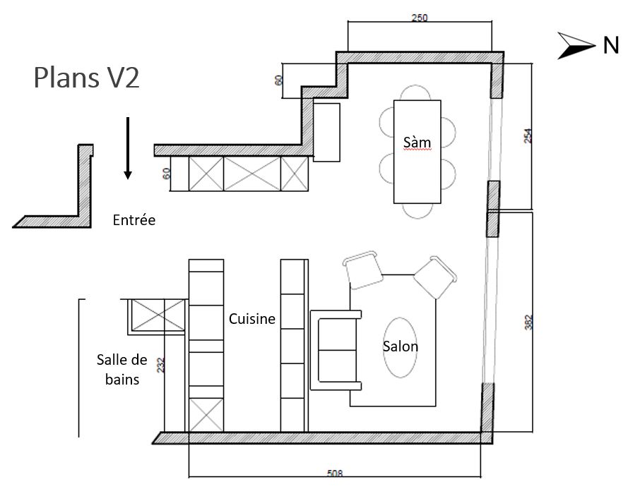 Plans d'aménagement version 2 du séjour en L du projet Vincennes