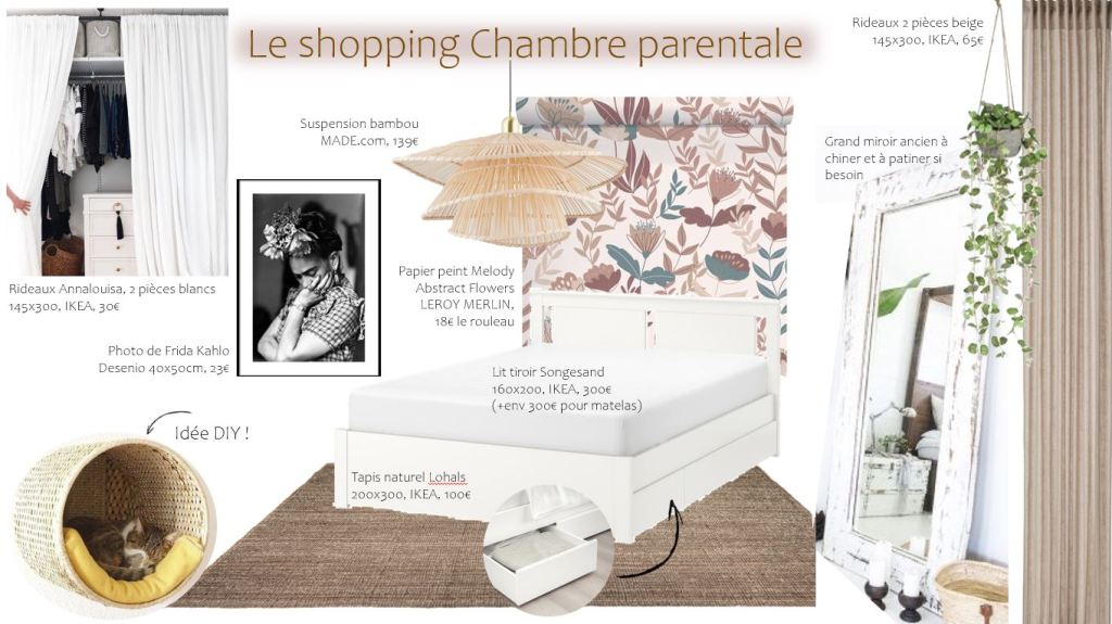 planche mobilier shopping list de la chambre parentale bohème vintage du projet 4 saisons
