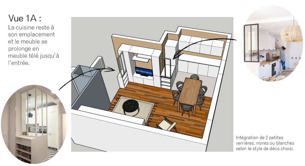 Vue 3D et annotations de la version 1 du projet Vincennes avec accent sur la cuisine, le meuble télé et les verrières