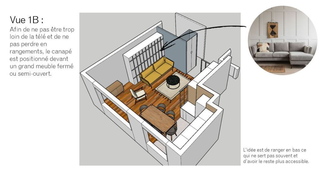Vue 3D et annotations de la version 1 du projet Vincennes avec accent sur le salon et le meuble de rangement derrière le canapé